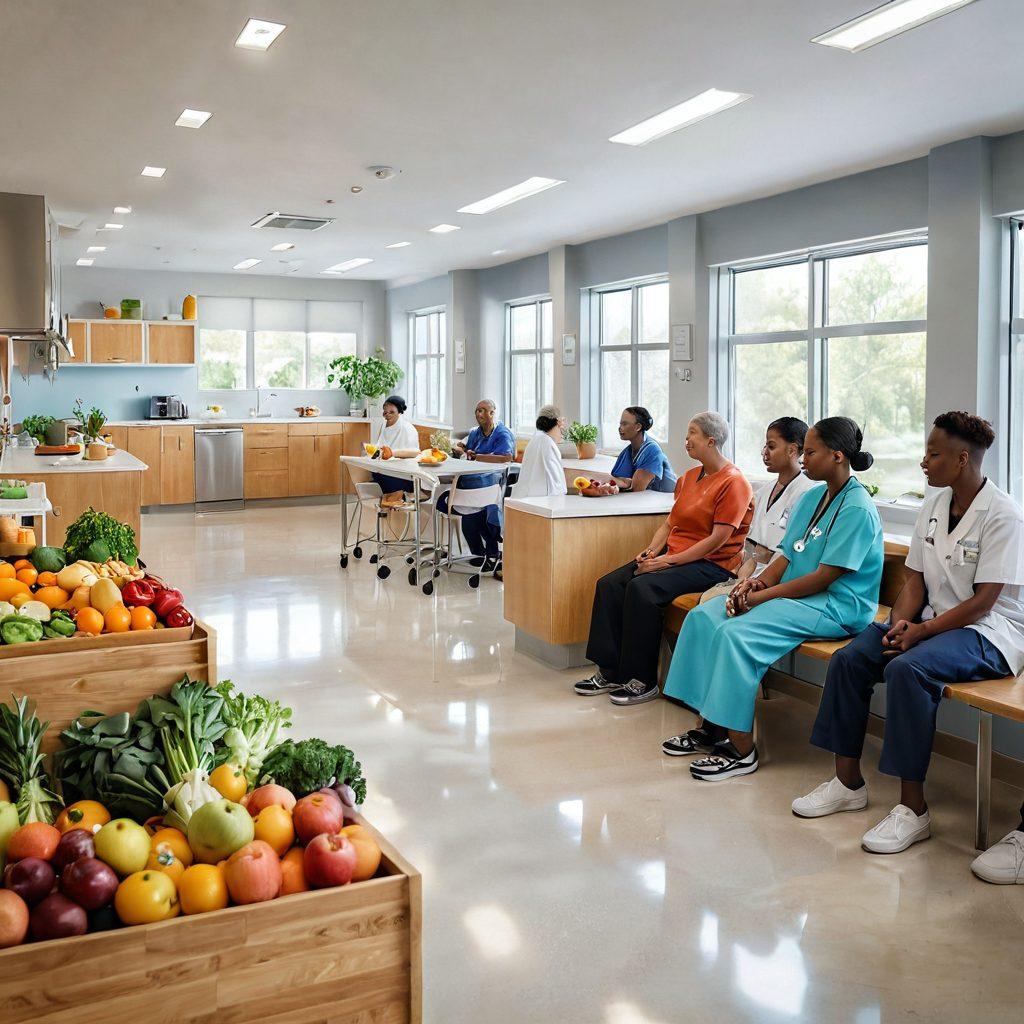 A serene and hopeful scene depicting a diverse group of patients receiving cancer treatment in a modern healthcare facility, complemented by a kitchen area with fresh fruits and vegetables symbolizing supportive nutrition. Include visuals of medical professionals offering care, along with elements representing mental health strategies such as calming artwork and a cozy counseling space. The atmosphere should radiate warmth and support, showcasing the journey of healing. super-realistic. vibrant colors. soft lighting.