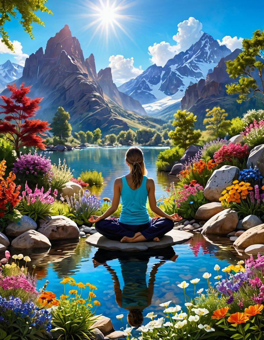 A serene landscape depicting a vibrant garden filled with healing herbs and colorful flowers, embodying a sense of tranquility and hope. In the foreground, a figure practicing yoga in a sunlit area, surrounded by uplifting wellness symbols like crystals and gentle streams of water. The background features soft mountains and a bright sky, representing the journey of health and survivorship. The overall aesthetic should evoke peace, vitality, and harmony. super-realistic. vibrant colors. peaceful atmosphere.